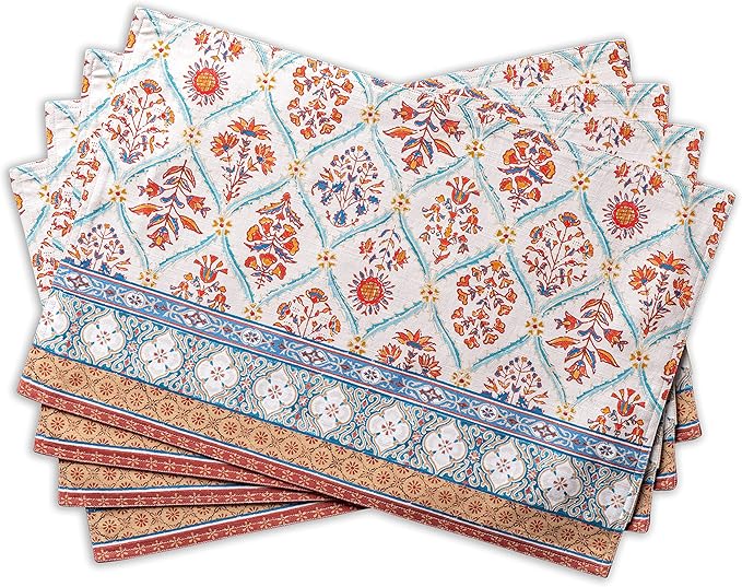 Maison d' Hermine Placemats Set of 4 100% Cotton Washable Cloth Place Mats, Reusable Table Mats for Kitchen Dining Decoration, Party, Wedding, Restaurant (Romane, 13" x 19")