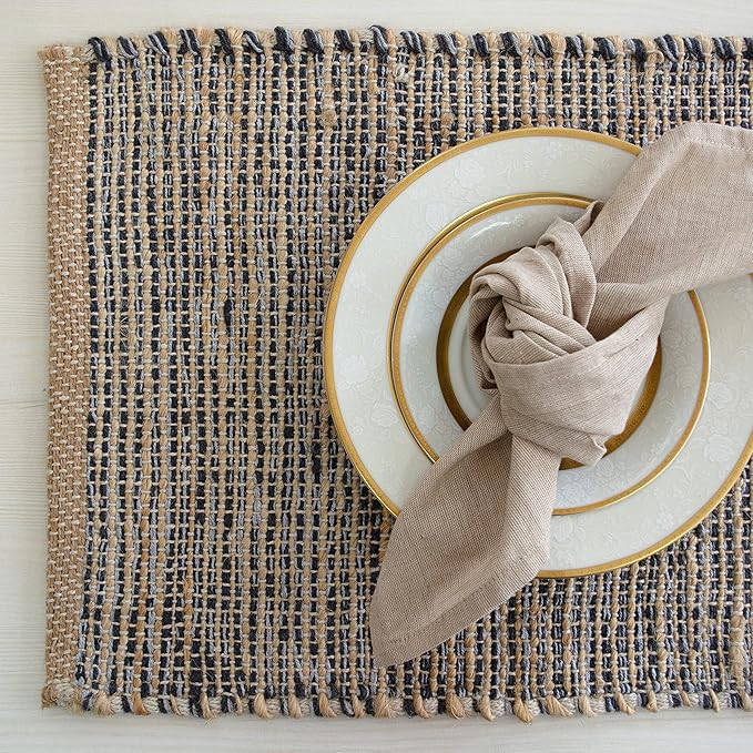 Chardin home | Natural Jute Placemats Set of 4 | 13x19 Inch. Rustic Farmhouse Place mats | Table mats Colors - Natural Jute and Grey