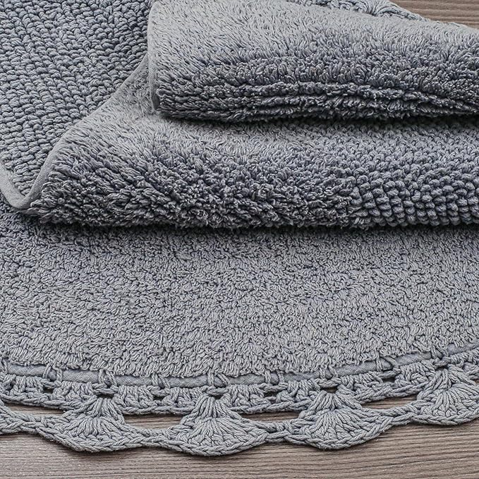 Half Circle Bohemian Bathroom Rug with Handwoven Chrochet Border, Beautifully Handcrafted 100% Cotton Mat - 22x42", Round Boho Bedroom Rug, Boho Bathroom Décor, Machine Washable - Charcoal Grey