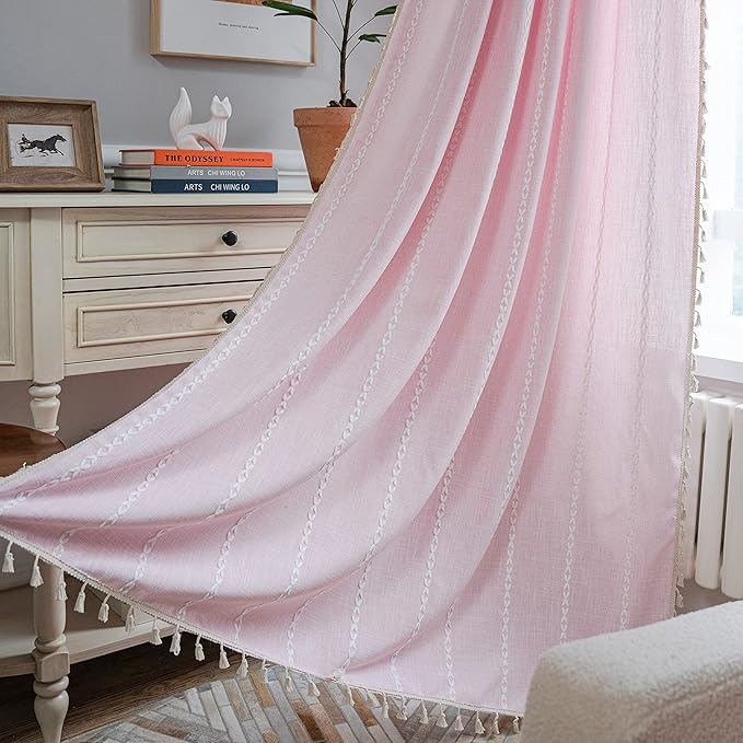 Sutuo Home Boho Curtain for Bedroom Living Room 63 Inch Length, Light Filtering Country Farmhouse Vintage Shabby Chic Tassels Window Treatment Bohemian Drape, 1 Panel 52" W x 63" L, Pink