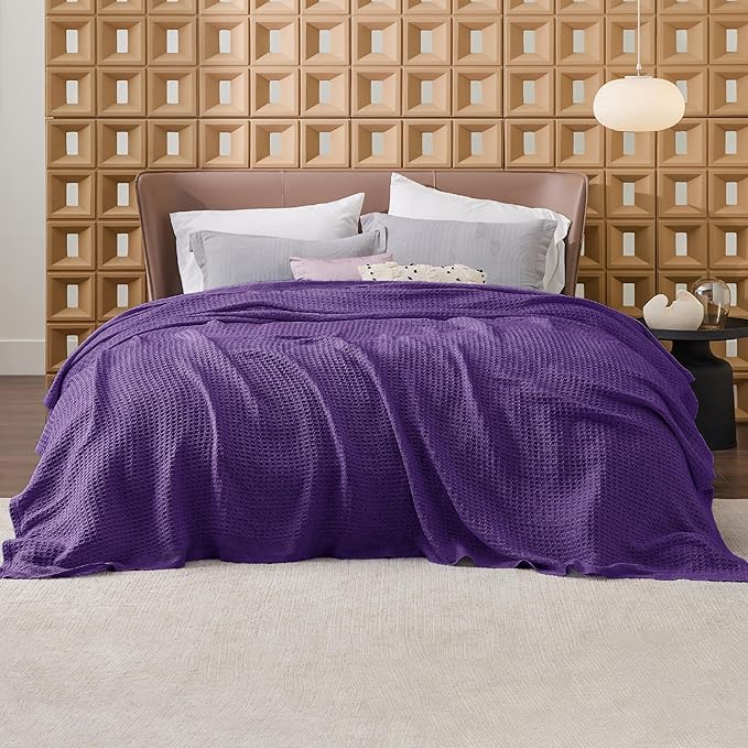 Bedsure 100% Cotton Blanket King Size for Bed - Breathable and Soft, Waffle Weave Blanket for Summer Spring, Purple, 104x90 inches