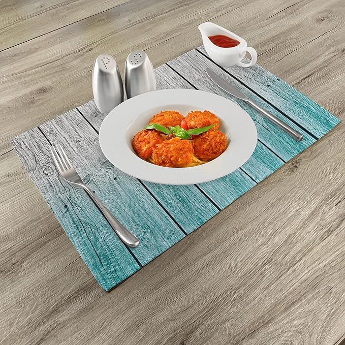 Ambesonne Rustic Place Mats Set of 8, Wood Panels Background Digital Tones Effect Country House Art Image, Washable Fabric Placemats for Dining Table, Placemat 8 pcs, Teal Grey