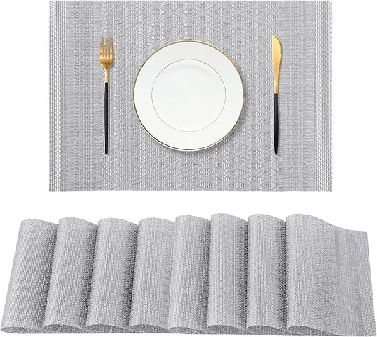 Leetaltree Lunar Grey Placemats Set of 8 - Heat Resistant Non-Slip Place mats for Dining Table, Washable Durable PVC Vinyl Woven Table Mats(Lunar Grey, 8)