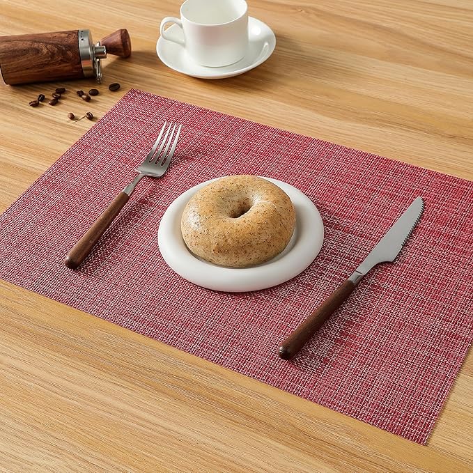 Leetaltree Red Placemats Set of 6 - Heat Resistant Non-Slip Place mats for Dining Table, Washable Durable PVC Vinyl Woven Table Mats(Red, 6)