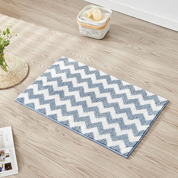 CozeCube Chenille Bathroom Rugs 36" x 24", Soft Microfiber Chevron Bath Mats for Bathroom, Non Slip Shaggy Bath Rugs Machine-Washable, Plush Absorbent Shower Mat, Blue