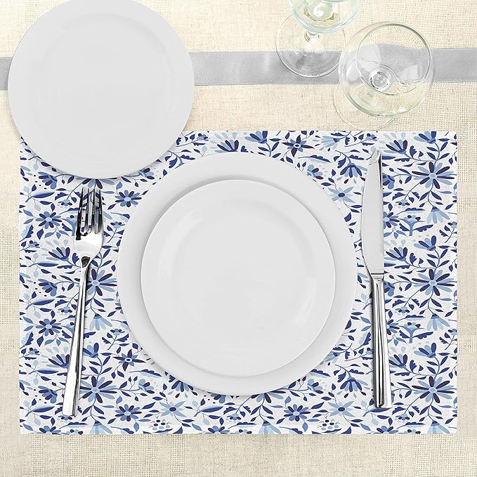 Ambesonne Indigo Place Mats Set of 8, Modern Minimalist Spring Time Flowers Swirls Leaves Image, Washable Fabric Placemats for Dining Table, Placemat 8 pcs, Blue Navy