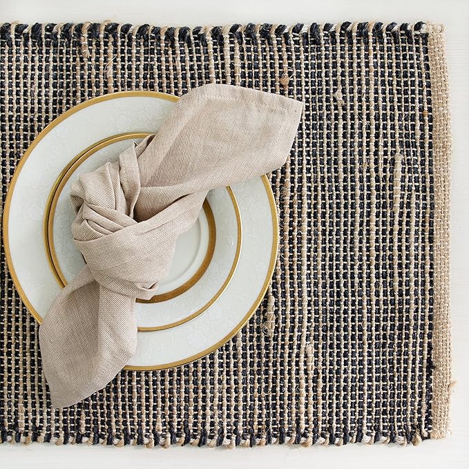 Chardin home | Natural Jute Placemats Set of 4 | 13x19 Inch Rustic Farmhouse Place mats | Table mats Colors - Natural Jute and Black Charcoal.