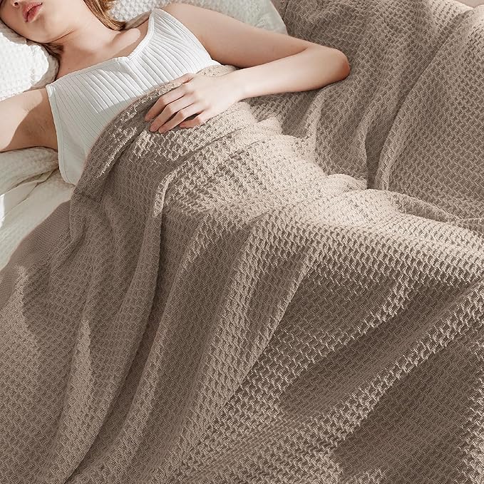 Bedsure 100% Cotton Large Throw Blanket for Couch 50x70 inches - Breathable and Soft, Waffle Weave Throw Blanket for Office, Tan