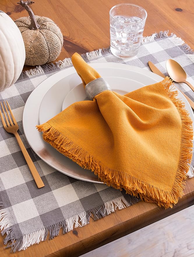 DII Heavyweight Fringed Check Tabletop Collection, Placemat Set, 13x19, Gray, 6 Piece