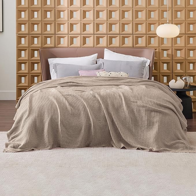 Bedsure 100% Cotton Blanket Queen Size for Bed - Breathable and Soft, Waffle Weave Blanket for Summer Spring, Tan, 90x90 Inches