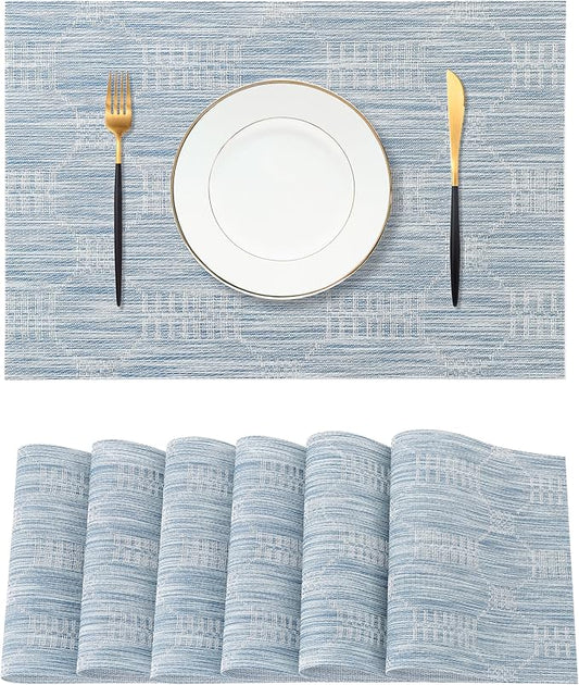 Leetaltree Alice Blue Placemats Set of 6 - Heat Resistant Non-Slip Place mats for Dining Table, Washable Durable PVC Vinyl Woven Table Mats(Jacquard Blue, 6)