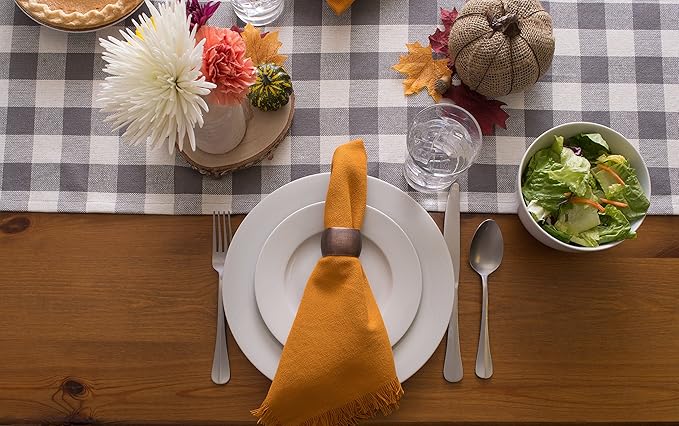 DII Heavyweight Fringed Check Tabletop Collection, Table Runner, 14x72, Gray