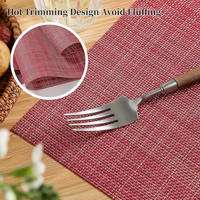 Leetaltree Red Placemats Set of 6 - Heat Resistant Non-Slip Place mats for Dining Table, Washable Durable PVC Vinyl Woven Table Mats(Red, 6)