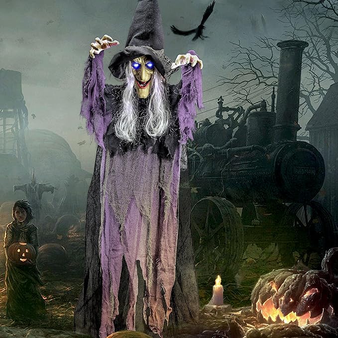 JOYIN 72” Halloween Hanging Witch Decorations Outdoor, Flying Talking Ghost Decor Light Up Eyes Sound Activated, Outside Indoor Haunted House Prop for Lawn Yard Garden, Purple
