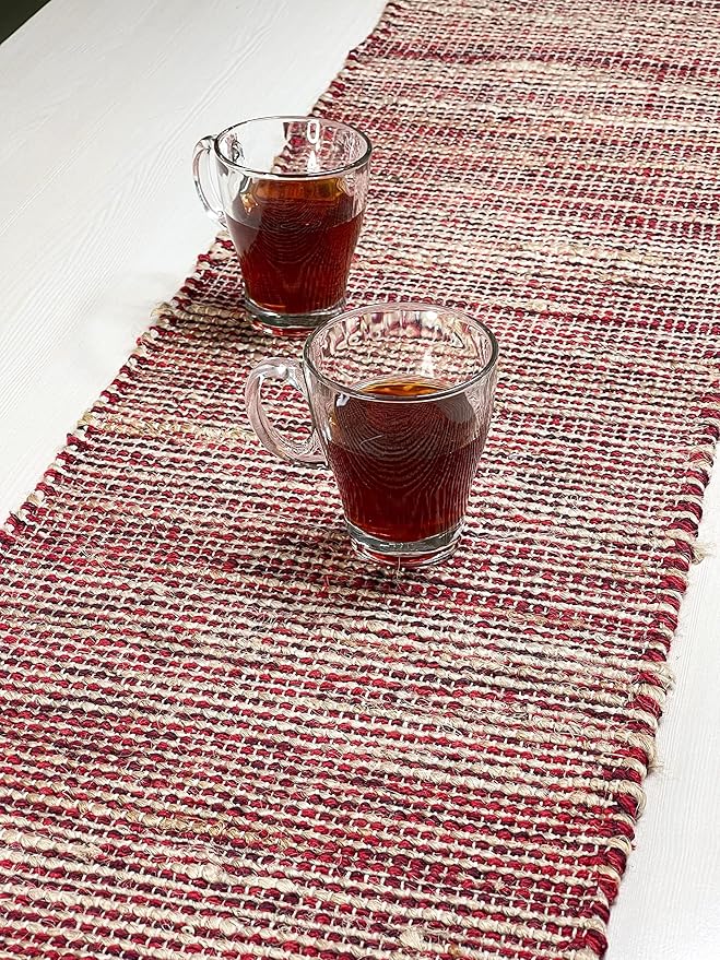 Chardin home Natural Jute Table Runner - 13x108 Inch. Rustic Farmhouse Style - Colors: Natural Jute and Red