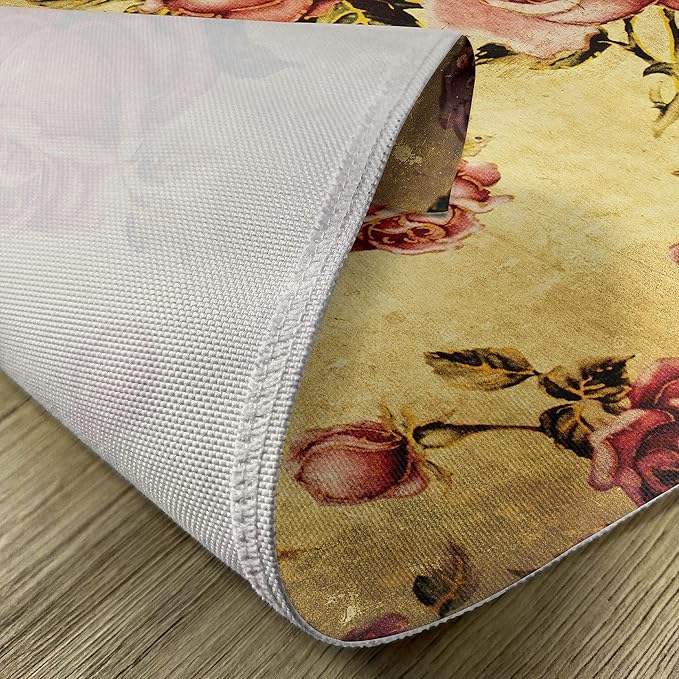 Ambesonne Rose Place Mats Set of 8, Old Fashioned Victorian Style Pattern Dramatic Color Bohemian Art Design, Washable Fabric Placemats for Dining Table, Placemat 8 pcs, Mustard Pink
