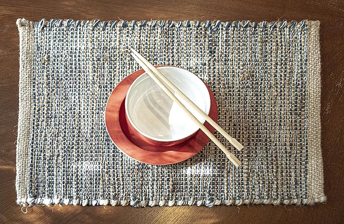 Chardin home | Natural Jute Placemats Set of 4 | 13x19 Inch. Rustic Farmhouse Place mats | Table mats Colors - Natural Jute and Grey