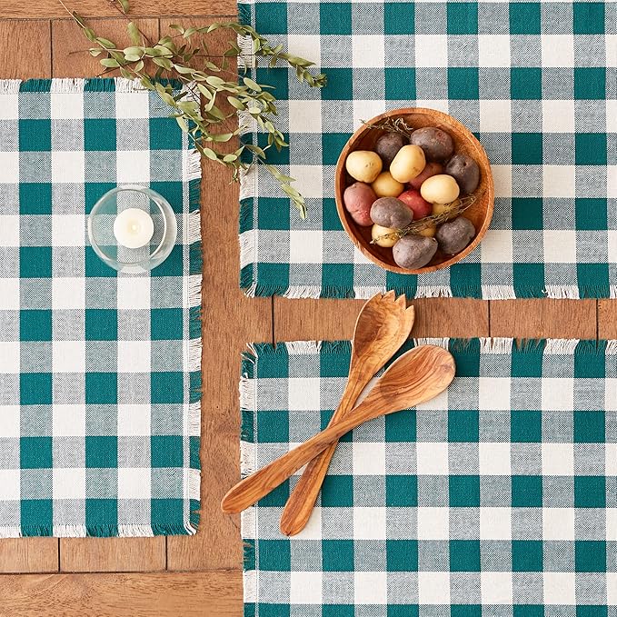 DII Heavyweight Fringed Check Tabletop Collection, Placemat Set, 13x19, Teal, 6 Piece (Pack of 2)