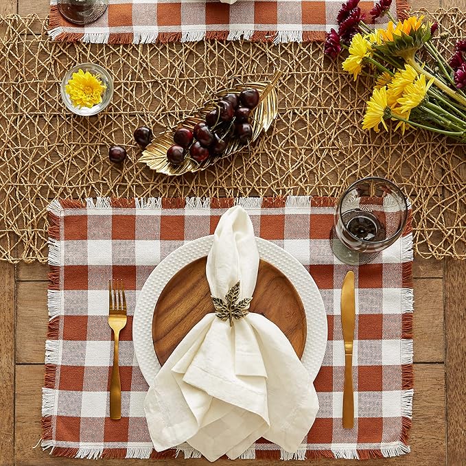 DII Heavyweight Fringed Check Tabletop Collection, Placemat Set, 13x19, Cinnamon, 6 Piece