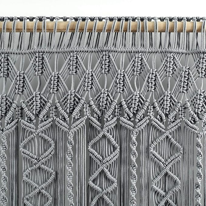 Lush Decor Boho Macrame Textured Cotton Valance, 40" W x 30" L, Gray - Boho Kitchen Curtains & Wall Decor - Macrame Valance - Bathroom Window Curtains