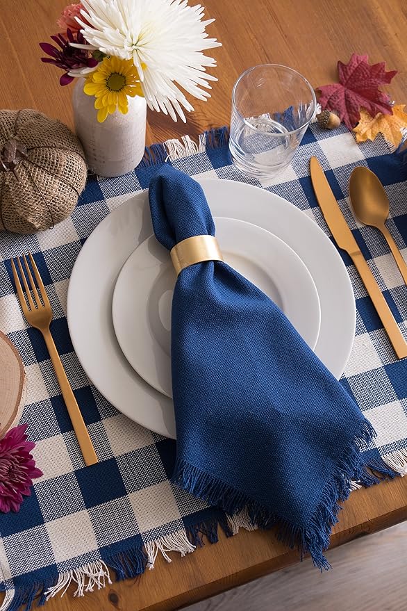 DII Heavyweight Fringed Check Tabletop Collection, Placemat Set, 13x19, Navy, 6 Piece