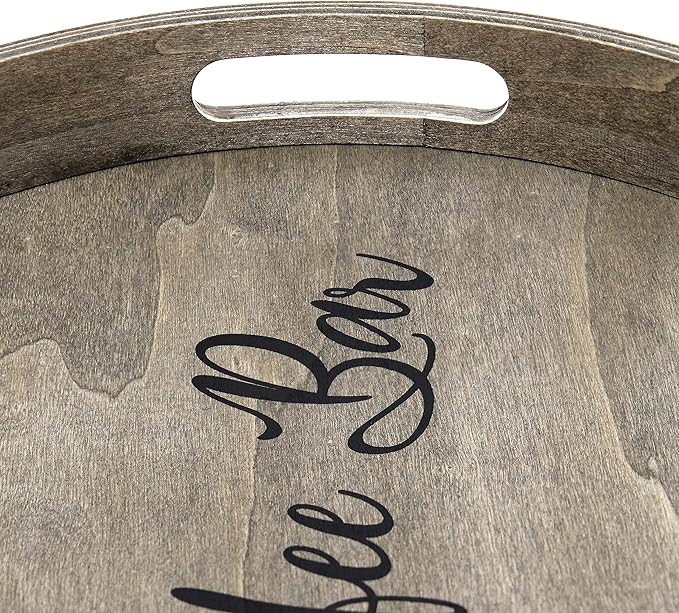 Elegant Designs HG2013-RGC Decorative 13.75" Round Wood Serving Tray w/Handles, Rustic Gray Coffee Bar