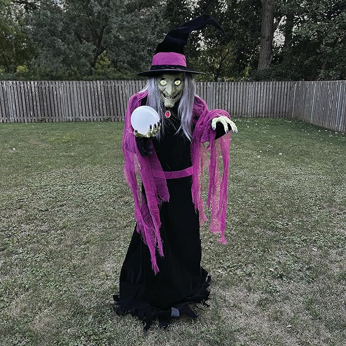 Haunted Hill Farm 6-Ft. Tall Fortune Teller Witch, Plug-in Motion-Activated Talking Scare Prop Halloween Animatronic for Indoor or Covered Outdoor Creepy Decorations