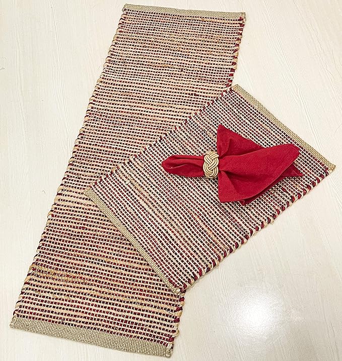 Chardin home Natural Jute Table Runner 13x36 Inch – Vintage Boho Rustic Table Decor – Handwoven Jute Table Runner in Natural and Red Charcoal – Farmhouse Dining or Console Table Accent