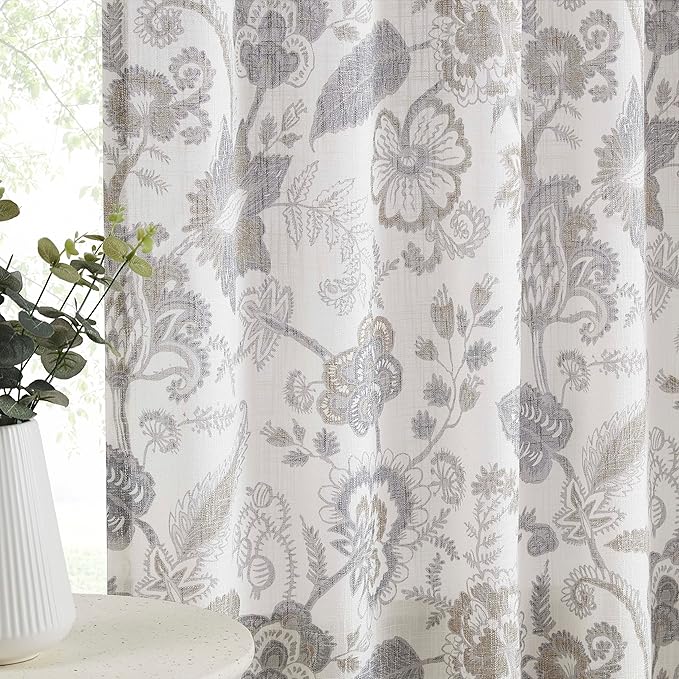 Kayne Studio Linen Grey Curtain Panels Linen Textured Botanical Leaf Print Floral Farmhouse Linen Curtain Drapes Light Filtering Window Treatments Living Room Bedroom Rod Pocket Back Tab,52"x102"x2