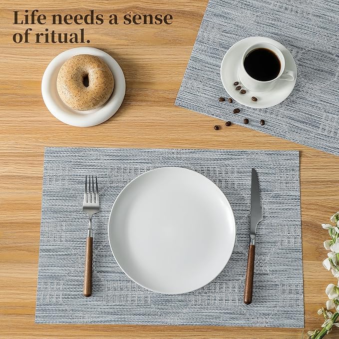 Leetaltree Alice Blue Placemats Set of 6 - Heat Resistant Non-Slip Place mats for Dining Table, Washable Durable PVC Vinyl Woven Table Mats(Jacquard Blue, 6)