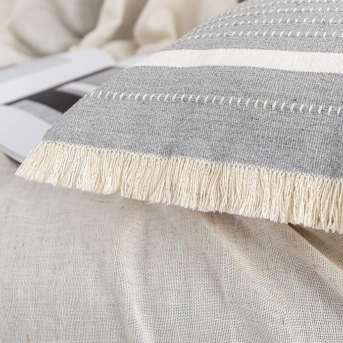 OJIA Modern Throw Pillow Cover with Tassels, Decorative Liana Fringe Accent Cushion Case, Farmhouse Woven Pillowcase for Sofa Chair Couch Bed Decor (Lumbar 20 x 20 Inches, Grey)
