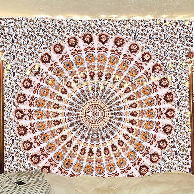Bless International Handmade Indian hippie Bohemian Psychedelic Peacock Mandala Wall hanging College Dorm Beach Throws Table Cloth Bedding Tapestry (Orange Brown, Queen(84x90Inches)(215x230Cms))