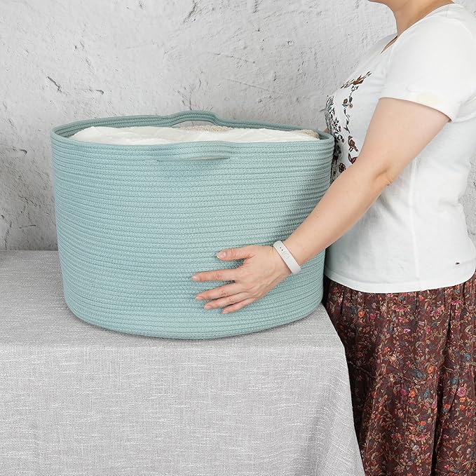 Large Cotton Rope Basket Blankets Basket Living Room 22"x14" Toy Basket for Kids Dogs Rope Storage Basket for Nursery Woven Laundry Basket for Clothes Towels Baby Toy Storage round light green