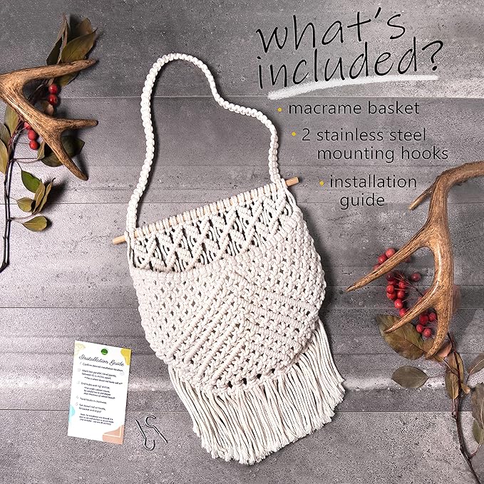 Macrame Fruit Basket, Vegetable and Fruit Hammock for Kitchen Under Cabinet - Hanging Wall Decor, Boho Baskets for Storage, Counter Space Saver - Cotton, Off White