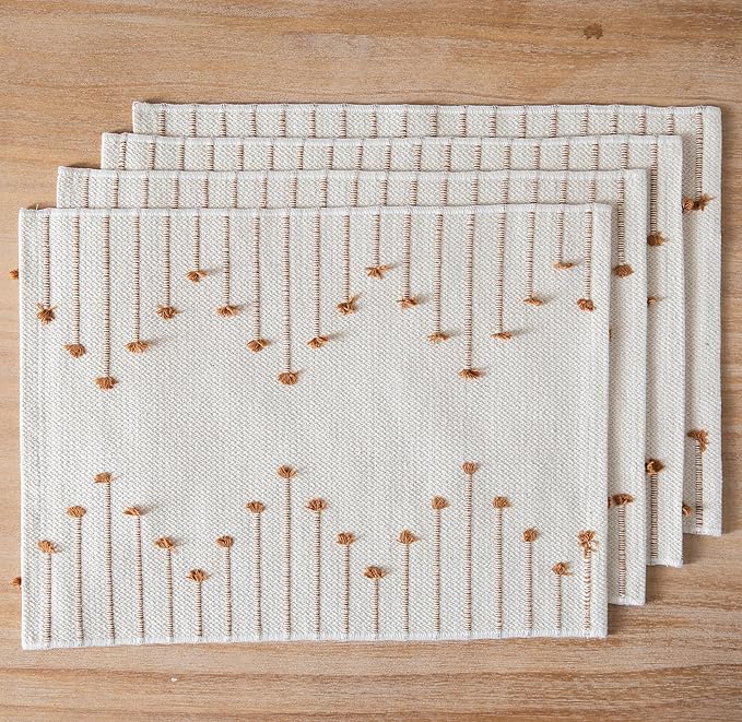 Placemats Set of 4 for Dining Table Décor, Woven Cloth Place Mats for Farmhouse Kitchen Tabletop, Handcrafted Machine Washable Cotton Table mats 13 x 19 Inch, Brown and Beige