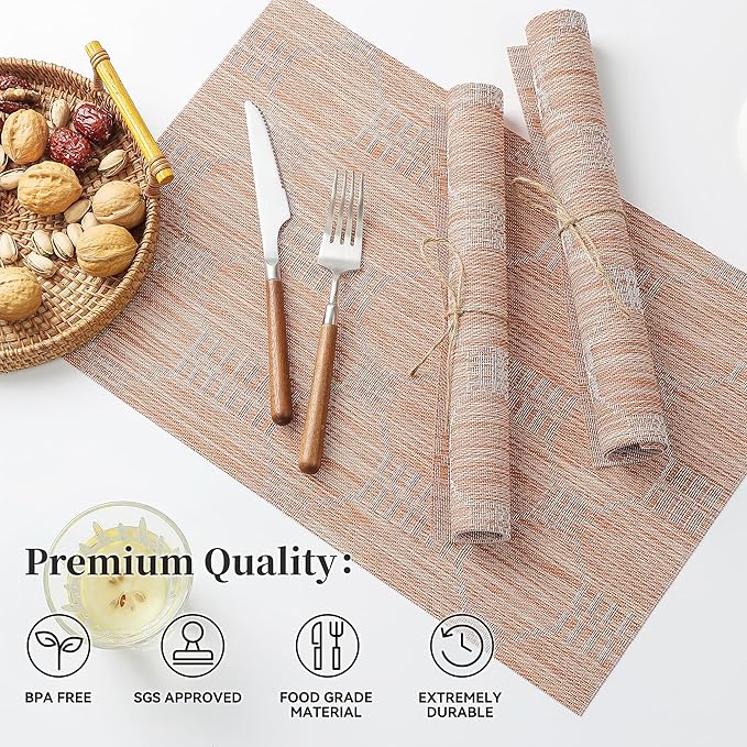 Leetaltree Coral Placemats Set of 6 - Heat Resistant Non-Slip Place mats for Dining Table, Washable Durable PVC Vinyl Woven Table Mats(Coral, 6)