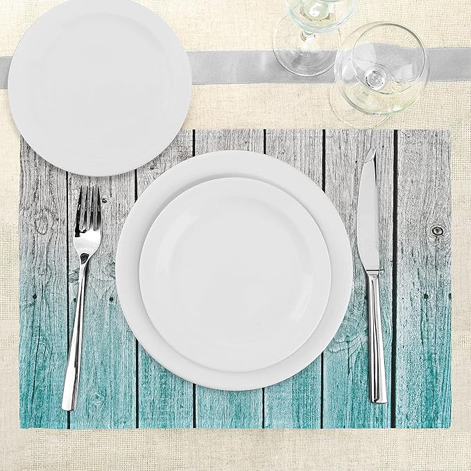 Ambesonne Rustic Place Mats Set of 8, Wood Panels Background Digital Tones Effect Country House Art Image, Washable Fabric Placemats for Dining Table, Placemat 8 pcs, Teal Grey