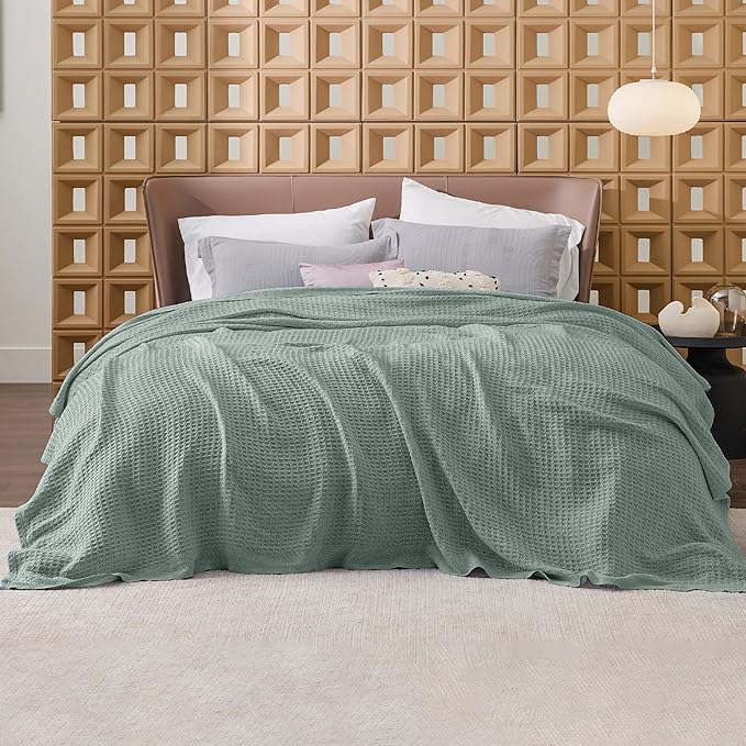 Bedsure 100% Cotton Blanket Queen Size for Bed - Breathable and Soft, Waffle Weave Blanket for Summer Spring, Sage Green, 90x90 Inches