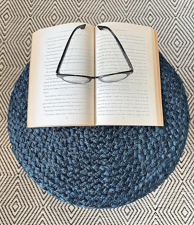 S & L Homes Pouf Ottoman - 100% Jute Braided Footrest Pouf Hand Knitted Traditional Cord Boho Pouffe for Living Room, Bedroom, Nursery, Patio, Lounge Colorblock - Natural Navy (16”x16”x16”)