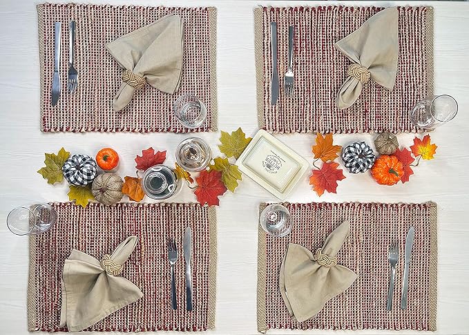 Chardin home | Natural Jute Placemats Set of 4 | 13x19 Inch. Rustic Farmhouse Place mats | Table mats Colors - Natural Jute and Red