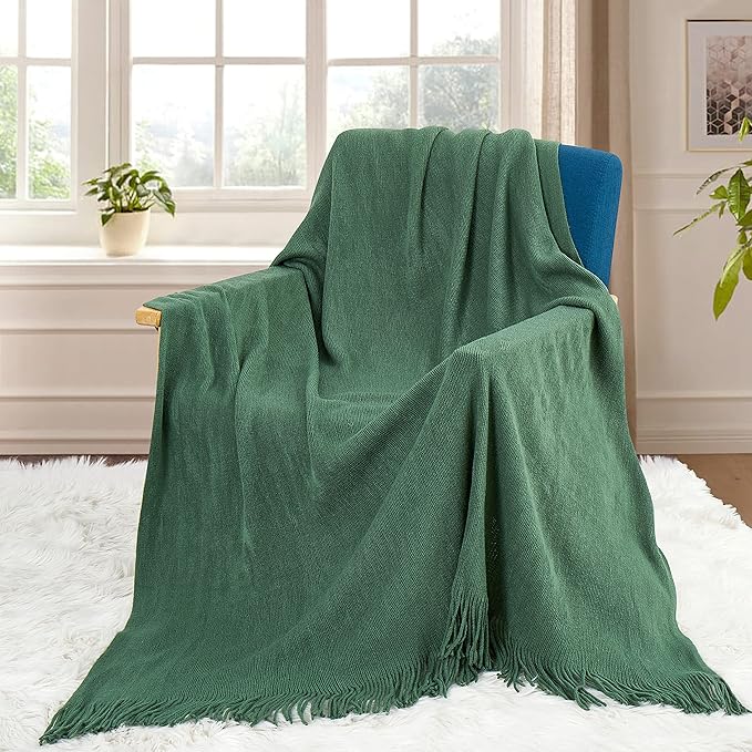 Homiest Decorative Knitted Throw Blanket with Fringe Soft & Cozy Tassel Blanket for Couch Sofa Bed (Dark Green, 50x60)