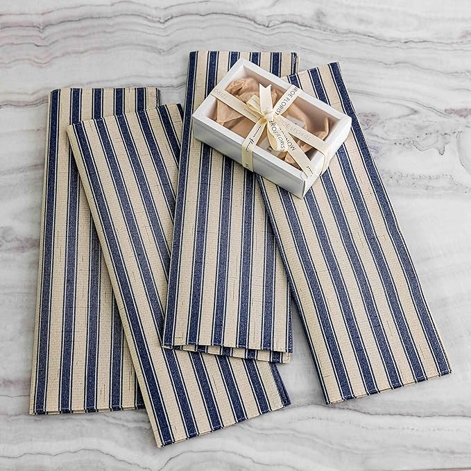 Home Brilliant Placemats Set of 6 Heat Resistant Dining Table Place Mats for Kitchen Table Farmhouse Rustic, 13 x 19 inches, Stripes, Navy Blue and Beige