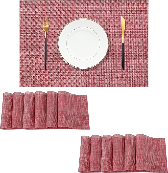 Leetaltree Red Placemats Set of 12 - Heat Resistant Non-Slip Place mats for Dining Table, Washable Durable PVC Vinyl Woven Table Mats(Red, 12)