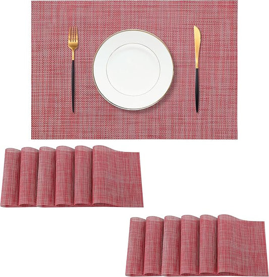 Leetaltree Red Placemats Set of 12 - Heat Resistant Non-Slip Place mats for Dining Table, Washable Durable PVC Vinyl Woven Table Mats(Red, 12)