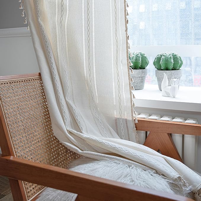 Sutuo Home Boho Curtains for Bedroom Living Room 84 Inches Long, Semi-Blackout Rustic Country Linen Embroidery Vintage Chic Tassels Hollow Window Treatment Bohemian Drape, 1 Panel 52" W x 84" L, Ivory
