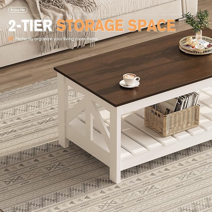 YESHOMY 39" Farmhouse Coffee Table, Coffee Tables for Living Room, Farmhouse Square Coffee Table with Storage, Couch Table, Small Tables for Small Spaces, Brown and White