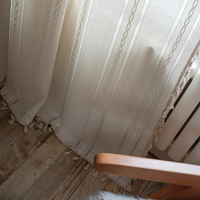 Sutuo Home Boho Curtains for Bedroom Living Room 84 Inches Long, Semi-Blackout Rustic Country Linen Embroidery Vintage Chic Tassels Hollow Window Treatment Bohemian Drape, 1 Panel 52" W x 84" L, Ivory
