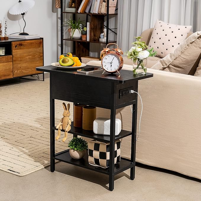 Yoobure End Table with Charging Station, Flip Top Side Table with USB Ports and Outlets, Sofa Couch Table Bedside Table for Living Room Bedroom, Narrow Nightstand with Storage Shelves for Small Space