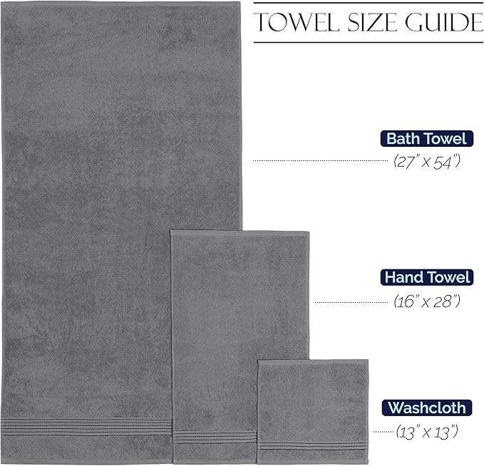 Elegant Comfort Premium Cotton 6-Piece Towel Set, Includes 2 Washcloths, 2 Hand Towels and 2 Bath Towels, 100% Turkish Cotton - Highly Absorbent and Super Soft Towels for Bathroom, Grey