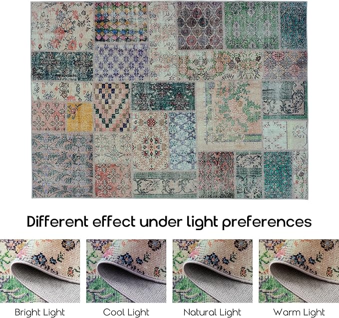 Area Rug 6x9 for Living Room,Washable Stain Resistant Geometric Boho Rugs for Dining Room Table,Light Tan Beige Brown and Dark Green Yellow Rust Orange